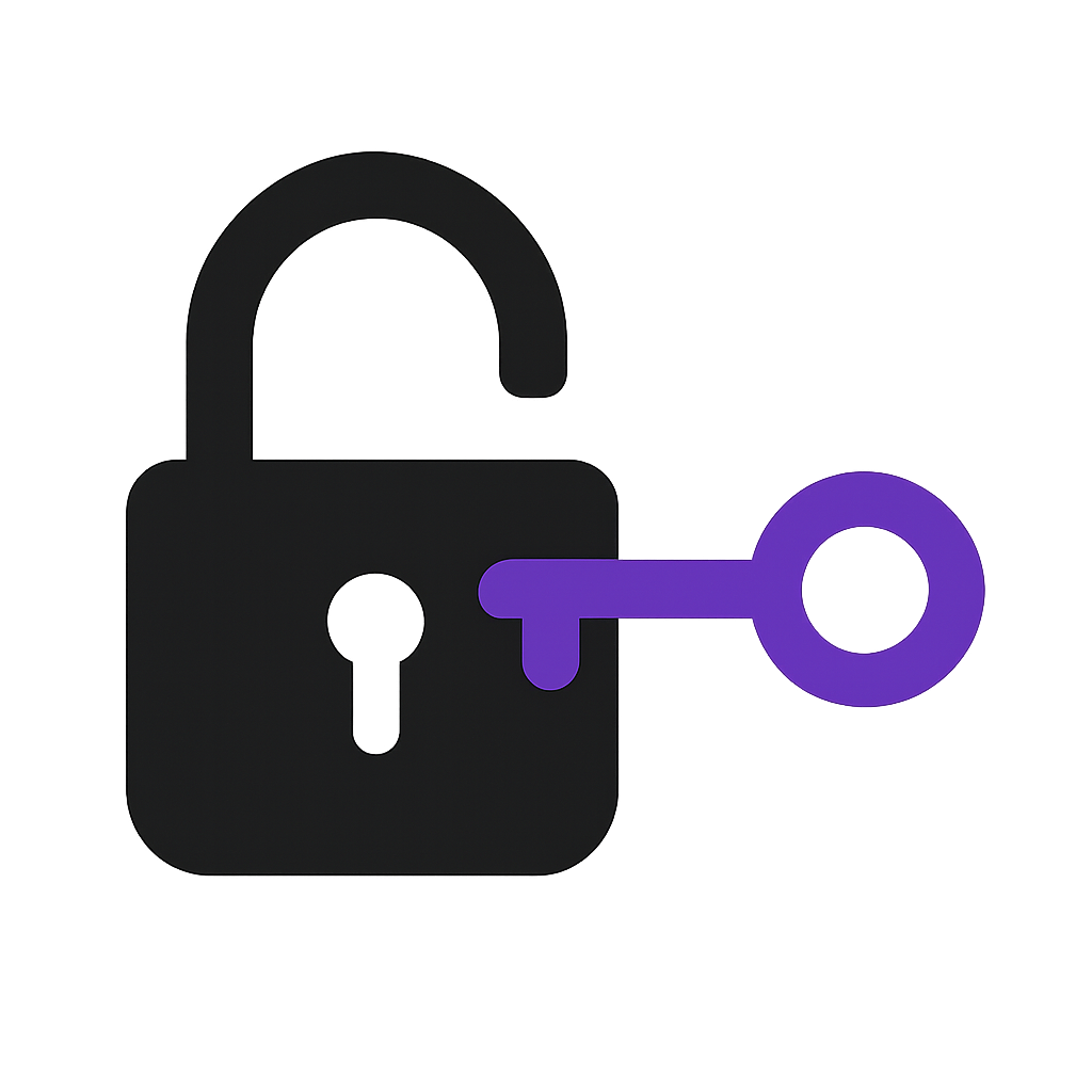 black padlock with a purple key opening transparent background