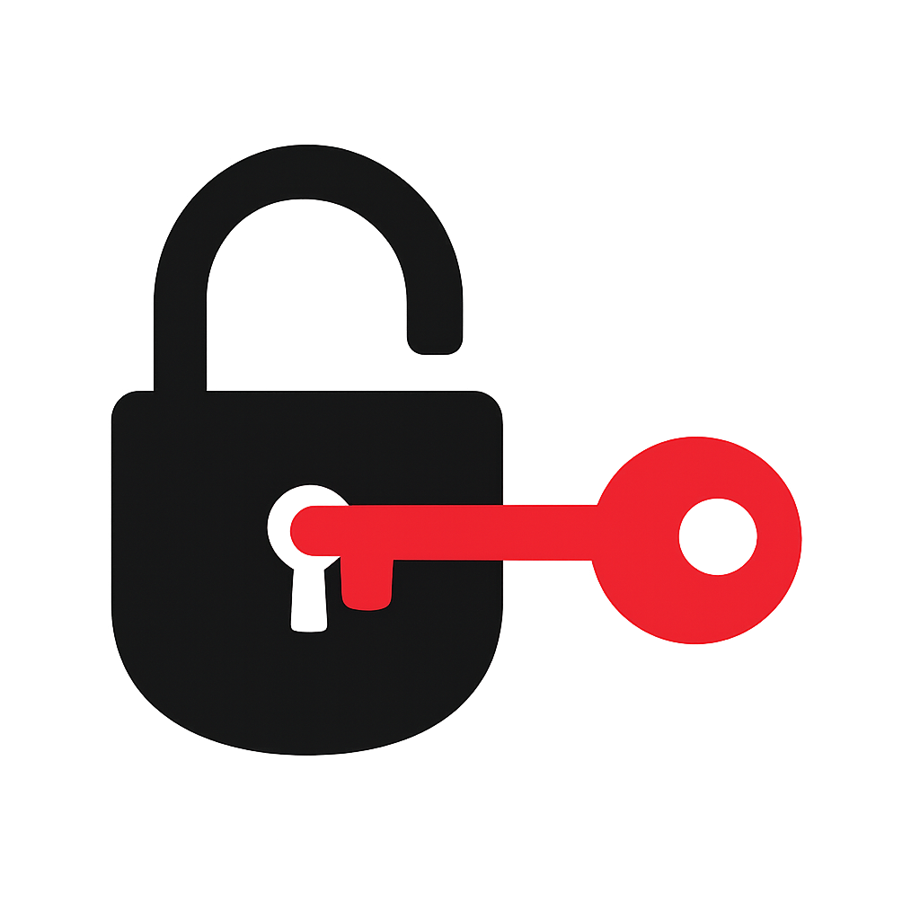 black padlock with a red key opening transparent background