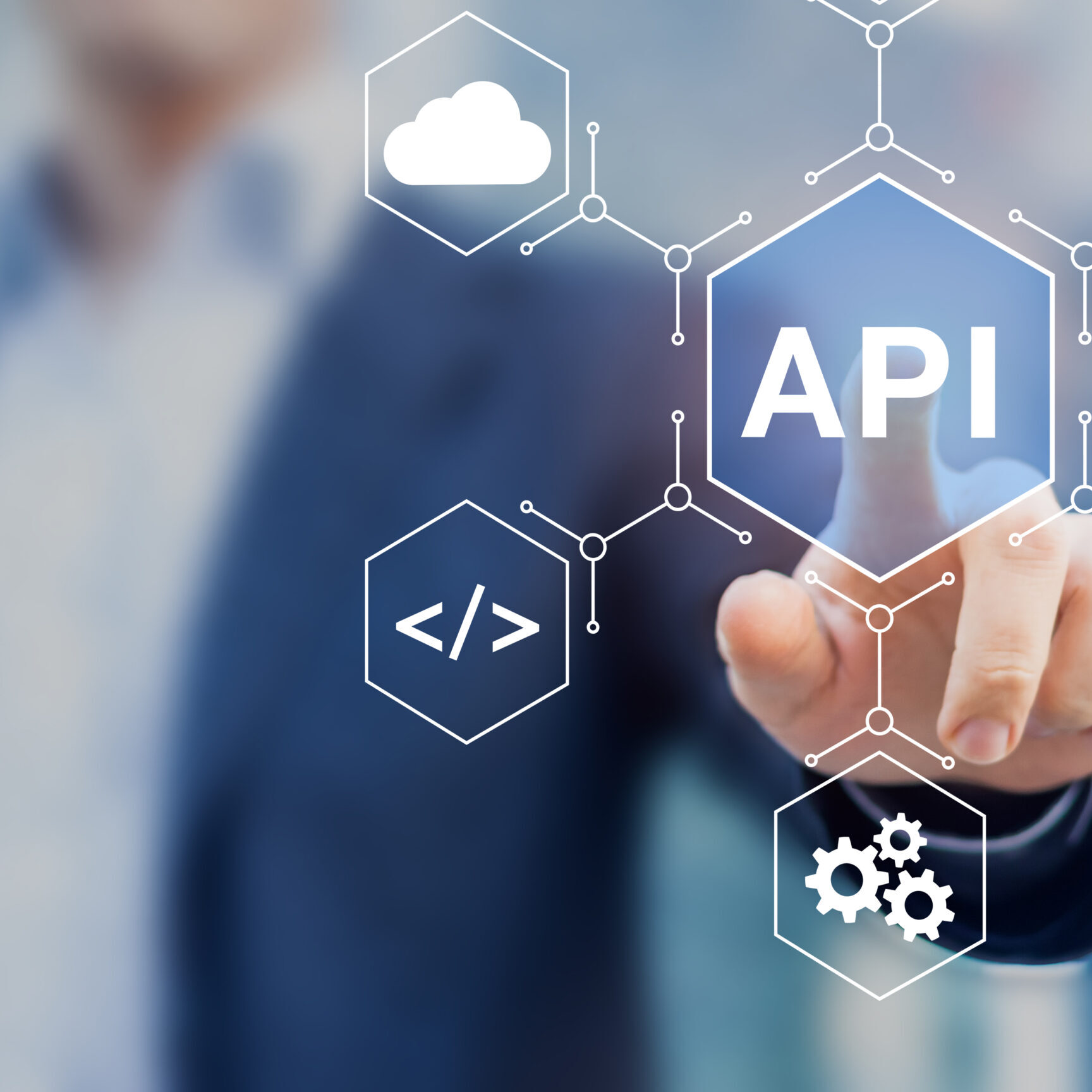 API Application Programming Interface connect services on internet and allow network data communication, software engineer touching concept for IoT, cloud computing, robotic process automation